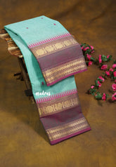Light Sea Green - Karthigai silk cotton with buttas annam small temple rettapet border - Best for Wedding Functions