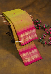 Dual Shade Green-Pink - Karthigai silk cotton with Peacock, Rudraksham and Temple border with Buttas - Best for Temple Visit