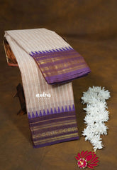 Pastel Chocolate Brown - Karthigai silk cotton multi border with stripes body - Best for Temple Vist