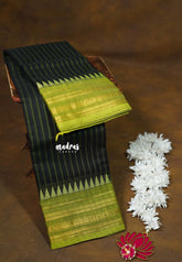 Ebony Black - Karthigai silk cotton multi border with stripes body - Best for Temple Vist