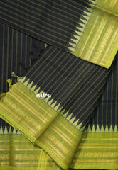 Ebony Black - Karthigai silk cotton multi border with stripes body - Best for Temple Vist