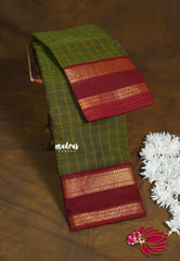 Olive Green - Karthigai silk cotton Big Muthu Kattam Checks with Rettapeta Border - Best for Festive Wear