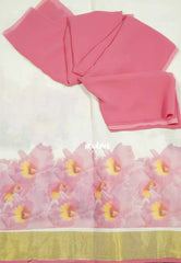 Traditional Kerala Half Saree – Kasavu Border with Digital Print Georgette Dhavani - Devasena