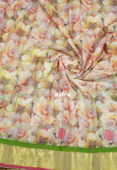 Traditional Kerala Half Saree – Kasavu Border with Digital Print cotton Dhavani - Devasena