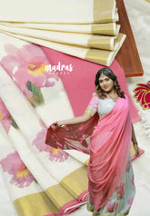 Traditional Kerala Half Saree – Kasavu Border with Digital Print Georgette Dhavani - Devasena