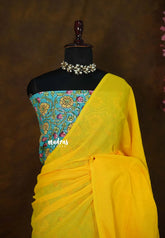 Canary Yellow - Kotravai - Plain khadi with linen blouse combo - Perfect for Regular Wear