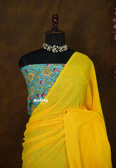Canary Yellow - Kotravai - Plain khadi with linen blouse combo - Perfect for Regular Wear