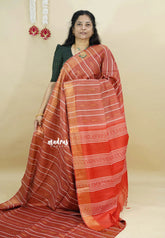 Rust Reverie - Khadi silk stripes thread weaving body with contrast pallu and blouse