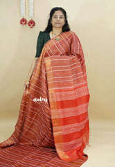 Rust Reverie - Khadi silk stripes thread weaving body with contrast pallu and blouse