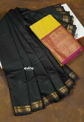 Jet Black - Khadi Silk Plain Saree with Zari Border Double Blouse Combo - Best for Small Functions