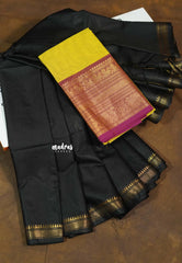 Jet Black - Khadi Silk Plain Saree with Zari Border Double Blouse Combo - Best for Small Functions