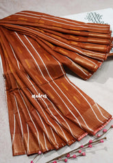 Honey Brown - Khadi silk stripes thread weaving body with contrast pallu and blouse