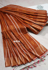 Honey Brown - Khadi silk stripes thread weaving body with contrast pallu and blouse