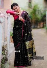 Korvai silk cotton Checks With annam Buttas Black