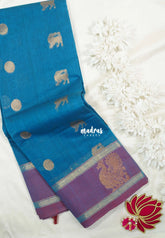 Dark Olympic Blue - Korvai silk cotton saree with Rettapetta Border - Best for Festive Wear