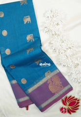 Dark Olympic Blue - Korvai silk cotton saree with Rettapetta Border - Best for Festive Wear