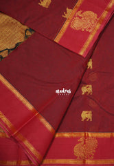 Majestic Maroon - Korvai silk cotton saree with Rettapetta Border - Best for Festive Wear