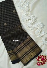 Jet Black - Korvai Silk Cotton Muthukattam Rich Pallu with Yaanai, Mayil and Rudraksham Border - Best for Wedding Functions