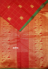Korvai silk cotton Checks With annam Buttas Chilli Red - Madras Sarees