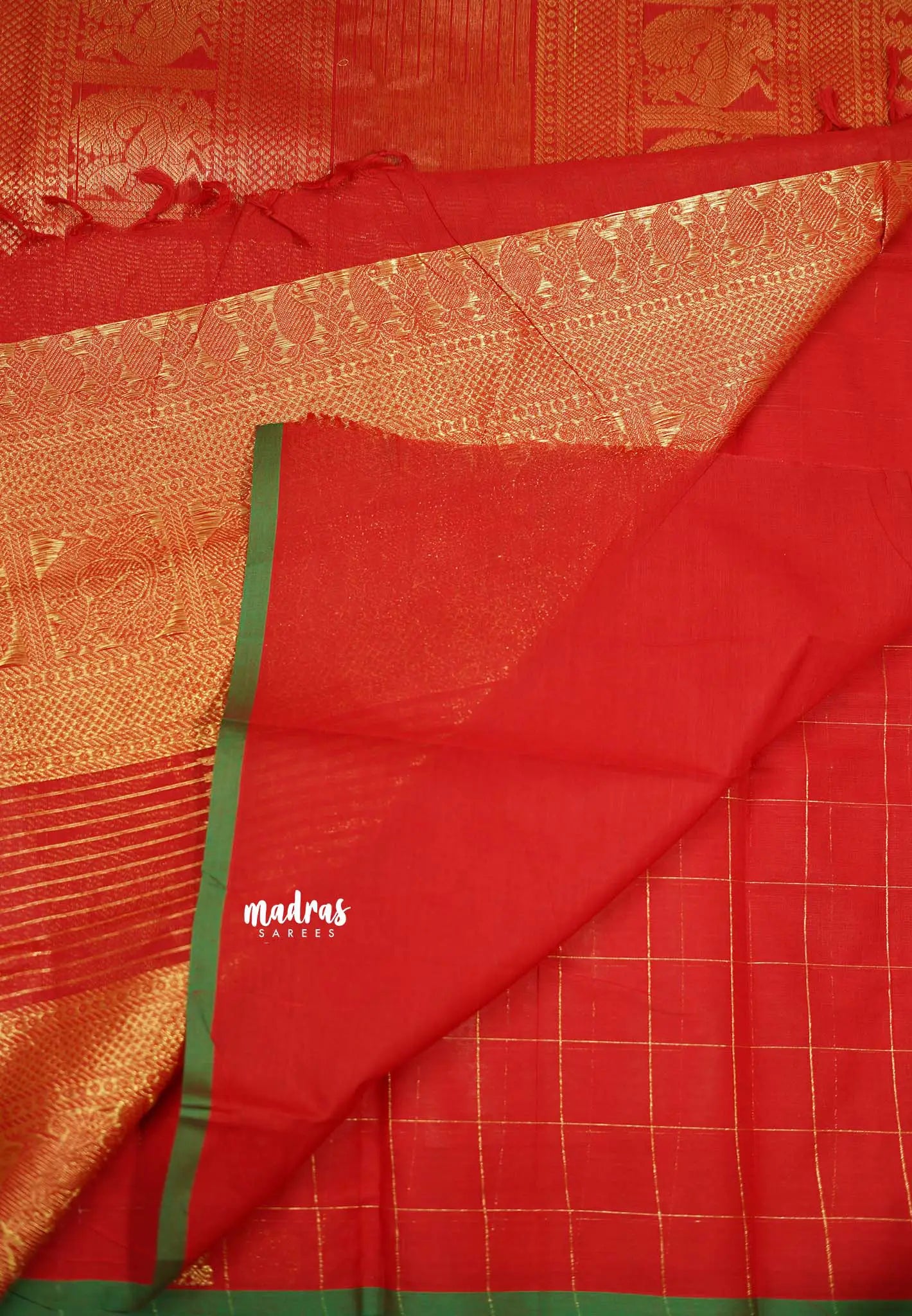 Korvai silk cotton Checks With annam Buttas Chilli Red - Madras Sarees