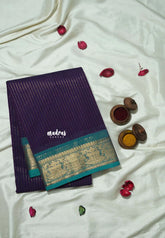 Midnight Purple - Karthigai Silk Cotton saree with Stripes Weaving - Best for Festive Wear