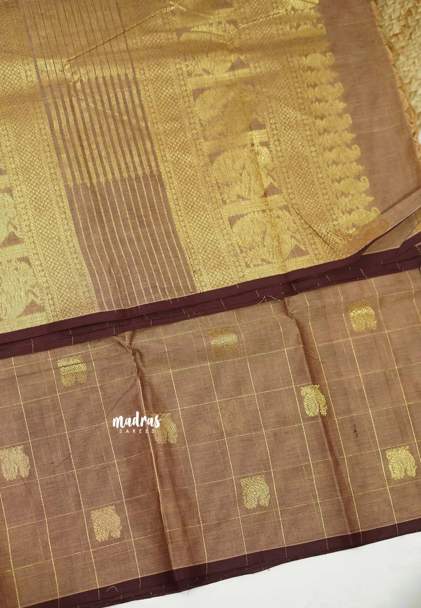 Korvai silk cotton Checks With annam Buttas Biscuit color - Madras Sarees