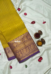 Greenish yellow - Korvai silk cotton rich pallu With vaira oosi body peacock Border - Best for Festive Wear