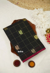 Korvai silk cotton Checks With annam Buttas Black - Madras Sarees