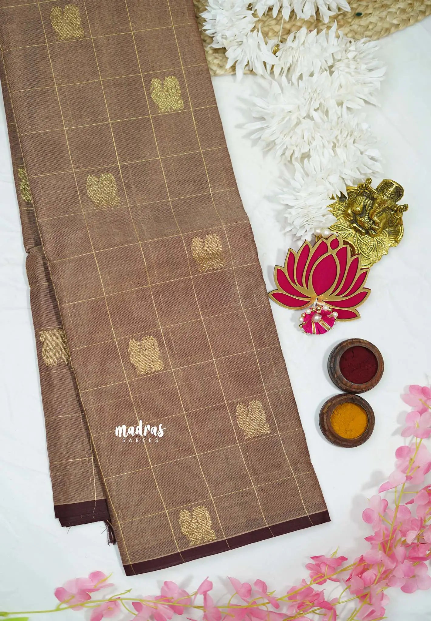 Korvai silk cotton Checks With annam Buttas Biscuit color - Madras Sarees