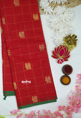 Korvai silk cotton Checks With annam Buttas Chilli Red - Madras Sarees