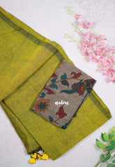 Yellowish Green - Kotravai - Plain khadi with kalamkari cotton blouse combo -Perfect for Regular Wear | Teachers | Professors Friendly