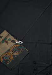 Jet Black - Kotravai - Plain khadi with kalamkari cotton blouse combo - Perfect for Regular Wear | Teachers | Professors Friendly