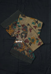 Jet Black - Kotravai - Plain khadi with kalamkari cotton blouse combo - Perfect for Regular Wear | Teachers | Professors Friendly