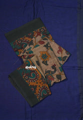 Midnight Blue - Kotravai - Plain khadi with kalamkari cotton blouse combo - Perfect for Regular Wear | Teachers | Professors Friendly