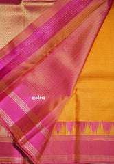 Temple Turmeric Yellow - Kumudavalli - Pure Kanchivaram Wedding Bridal Silk Saree Zari Checks with Temple Weaving Gap Border - Perfect for Wedding Functions / Gifting
