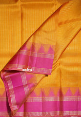 Temple Turmeric Yellow - Kumudavalli - Pure Kanchivaram Wedding Bridal Silk Saree Zari Checks with Temple Weaving Gap Border - Perfect for Wedding Functions / Gifting