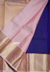 Deep Ink Blue - Kumudavalli - Pure Kanchivaram Wedding Bridal Silk Saree Contrast Pallu and Blouse with Buttas - Perfect for Wedding Functions