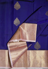 Deep Ink Blue - Kumudavalli - Pure Kanchivaram Wedding Bridal Silk Saree Contrast Pallu and Blouse with Buttas - Perfect for Wedding Functions