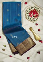 Peacock Blue - Kumudavalli - Pure Kanchivaram Wedding Bridal Silk Saree Zari Stripes Weaving with Buttas and Peacock Border - Perfect for Wedding Functions