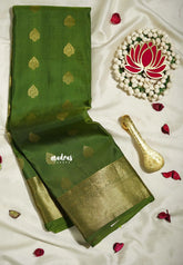 Olive Green - Kumudavalli - Pure Kanchivaram Wedding Bridal Silk Saree Classic Border with Buttas - Perfect for Wedding Functions