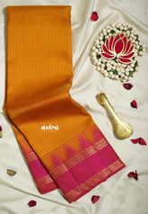 Temple Turmeric Yellow - Kumudavalli - Pure Kanchivaram Wedding Bridal Silk Saree Zari Checks with Temple Weaving Gap Border - Perfect for Wedding Functions / Gifting