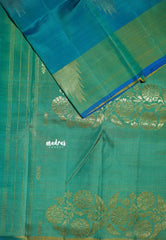Teal Green - Kumudavalli - Pure Kanchivaram Wedding Bridal Silk Saree Temple Border with Temple Buttas - Perfect for Wedding Functions