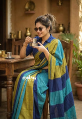(PRE-BOOKING) Blue & Olive Tone - Leela - Breezy Summer series – Soft Khadi Saree