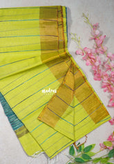 Greenish Yellow D1 - Leela Soft Khadi with Ikkat Pallu - Perfect for Regular Wear | Office Wear | Casual Wear