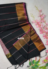 Jet Black D3 - Leela Soft Khadi with Ikkat Pallu - Perfect for Regular Wear | Office Wear | Casual Wear