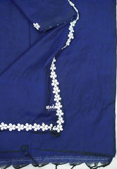 Leela - Plain khadi with floral lace border - Deep blue