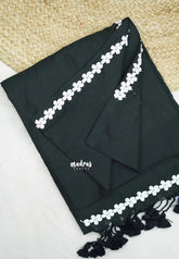 Leela - Plain khadi with floral lace border - Black