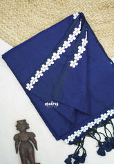 Leela - Plain khadi with floral lace border - Deep blue