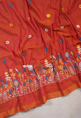 Saffron orange - Leela soft Khadi with Floral Embroidered - Perfect for Office Wear