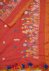 Saffron orange - Leela soft Khadi with Floral Embroidered - Perfect for Office Wear